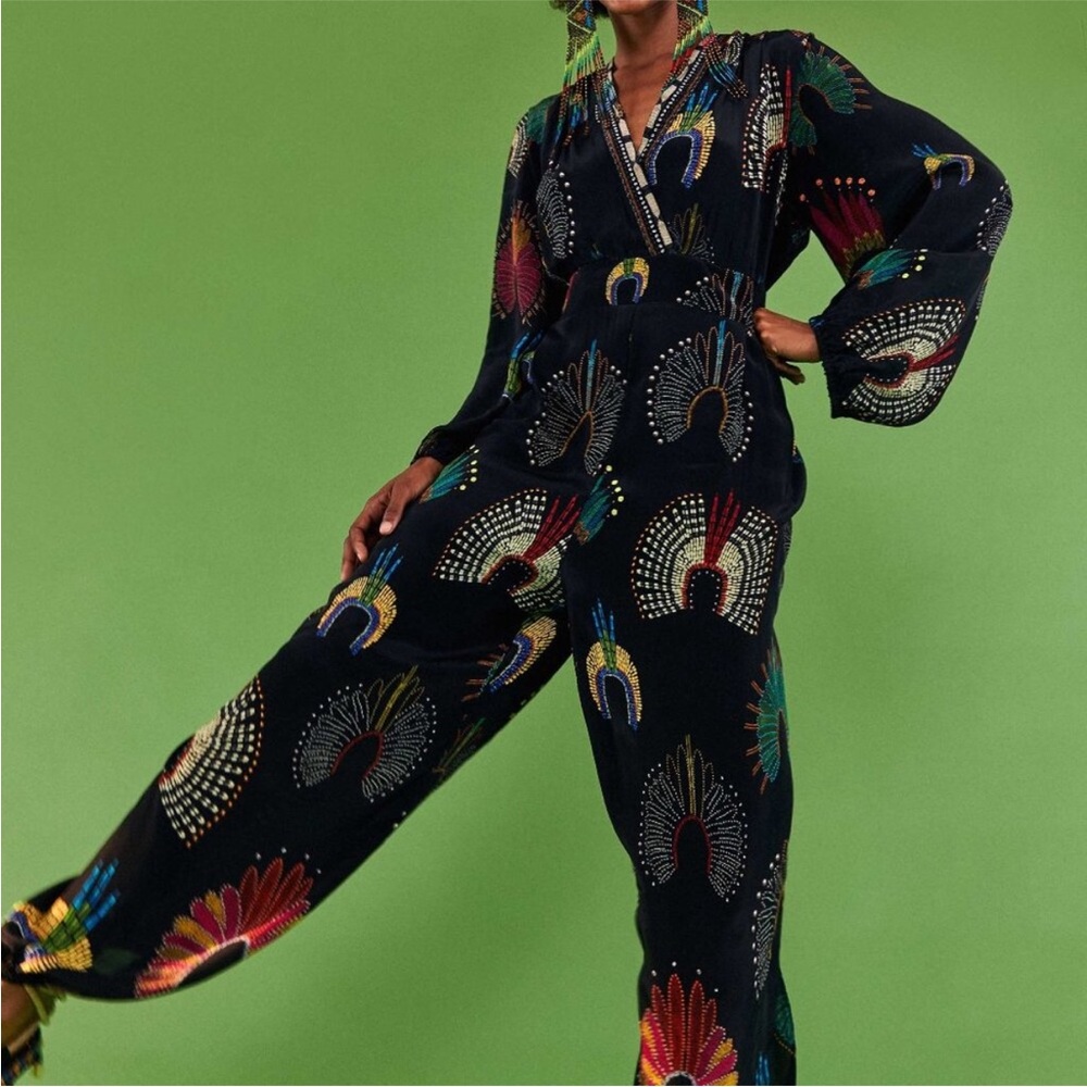 🗿 FARM Rio or Anthropologie Headress tribal African print V Neck Jumpsuit